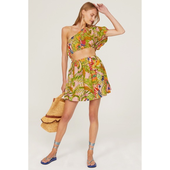 FARM Rio Parrot Tropical Print One Shoulder Crop Top Mini Skirt Set M‎ Z2